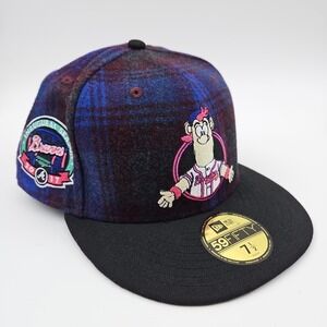 New Era 59Fifty Atlanta Braves Blue Flannel Mascot Fitted Hat Plaid‎ Size 7 1/2